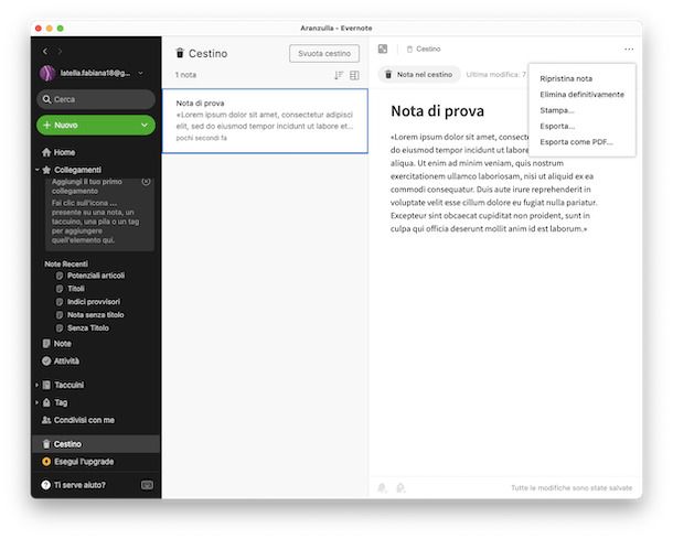 Cestino Evernote versione desktop 