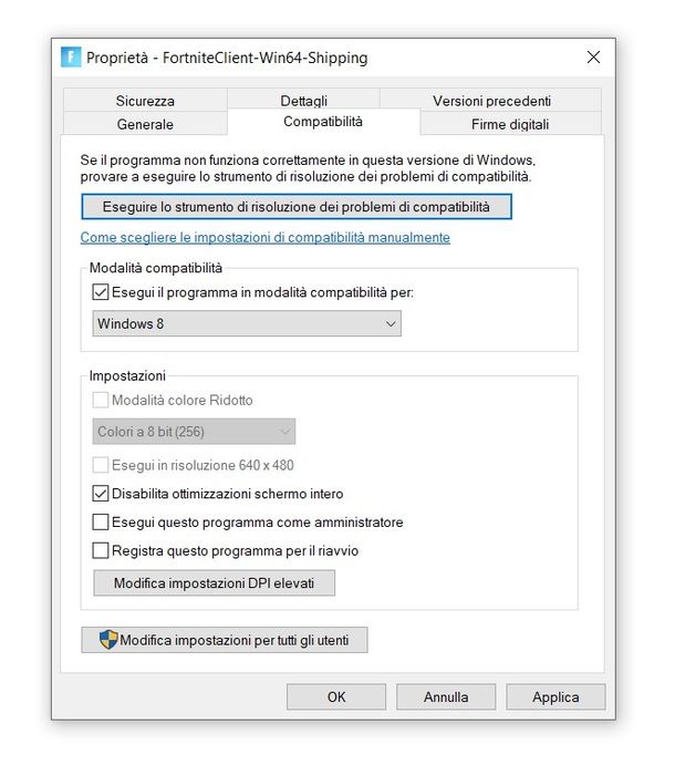 Impostare modalità compatibilità Fortnite