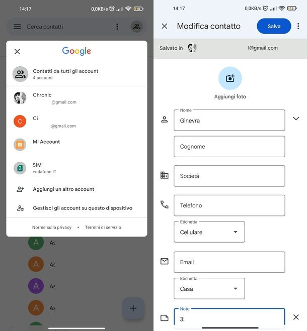 Modifica contatto app Contatti Google