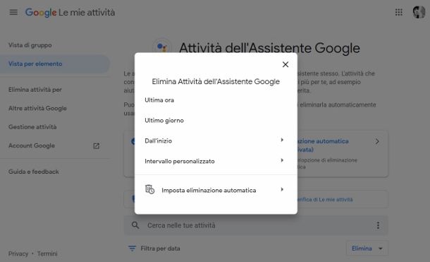 Eliminare cronologia Google Assistant