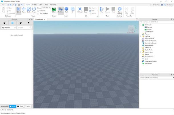 Schermata editor di Roblox Studio