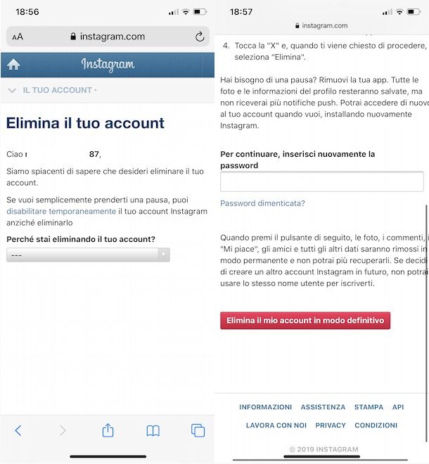 Eliminare account Instagram iPhone