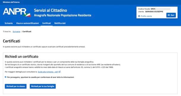 Richiesta di certificato anagrafico online