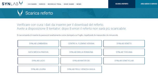 Synlab pagina selezione laboratorio