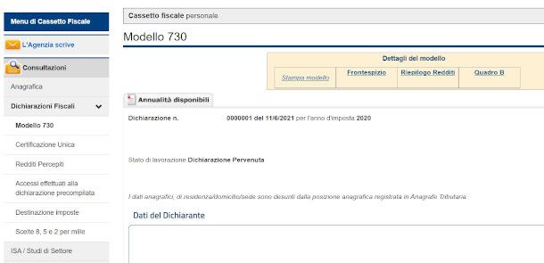 consultazione 730 cassetto fiscale