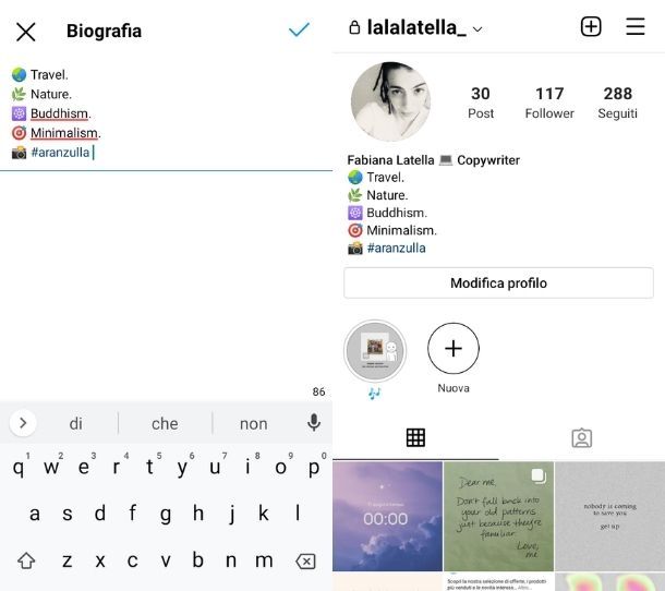 Inserire hashtag in bio Instagram