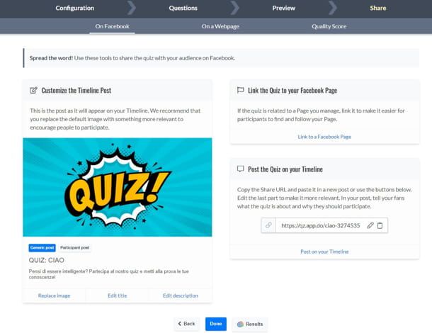 condividere il quiz su facebook