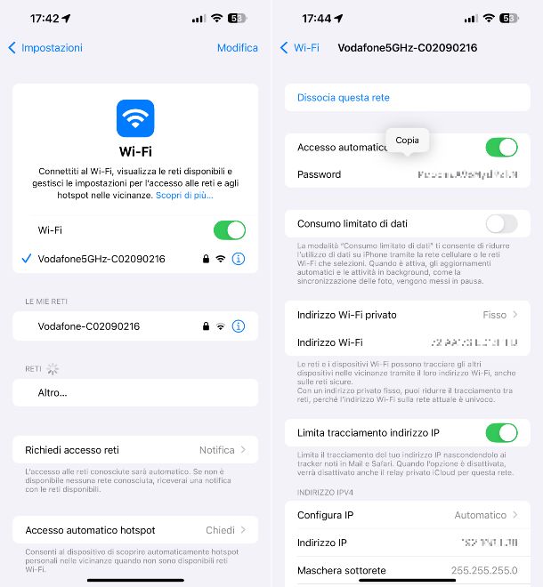 Impostazioni Wi-Fi iOS