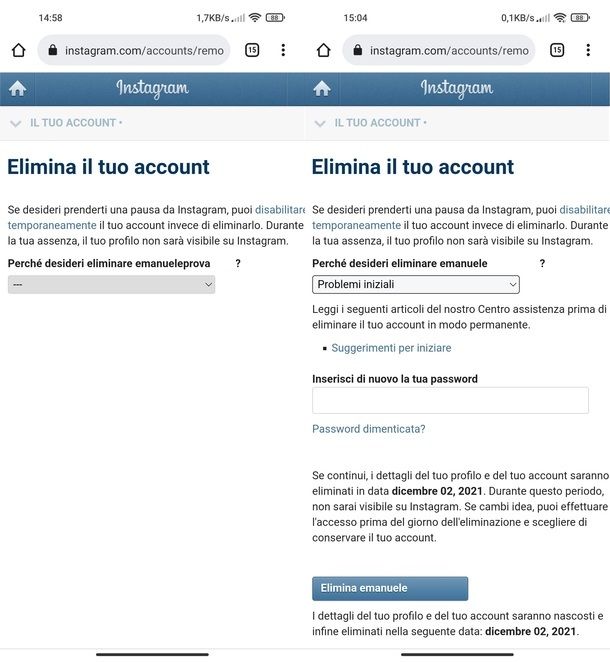 Eliminare account Instagram Android