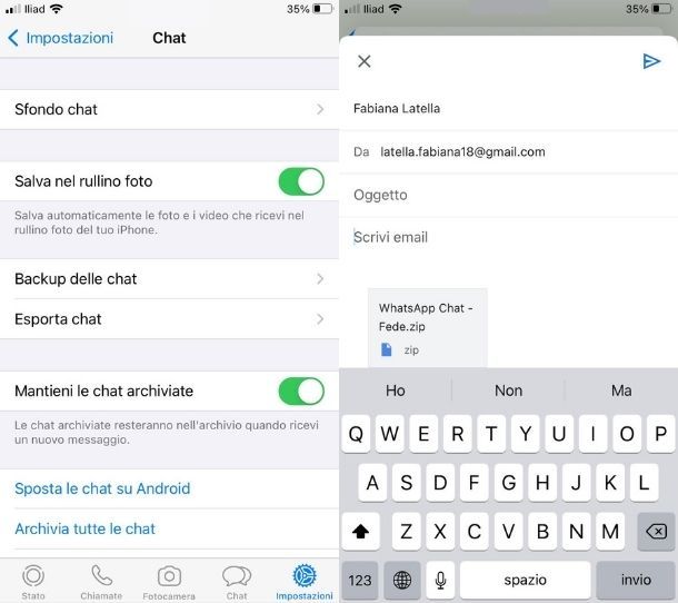 Esportazione tramite email messaggi WhatsApp