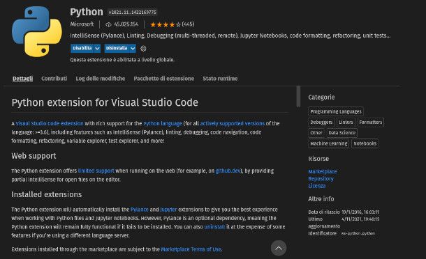 Estensione Python su Visual Studio Code