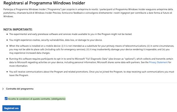 Registrazione Windows Insider