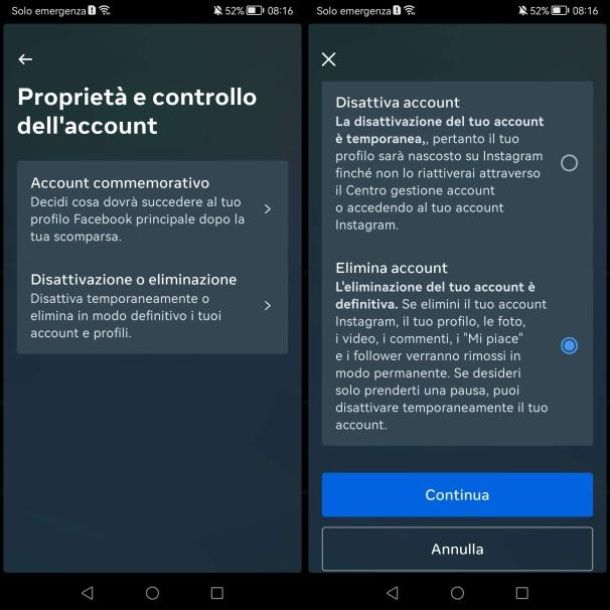Come eliminare un account Instagram: Android e iPhone