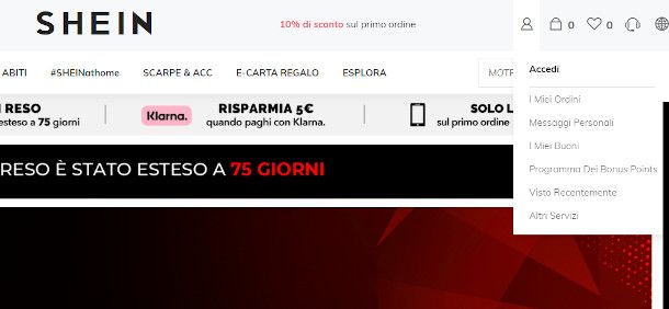 procedura accesso sito SHEIN da PC