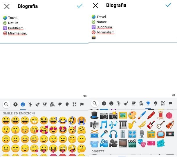 Inserire emoji in bio Instagram