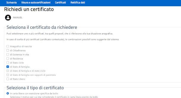 selezione tipo di certificato