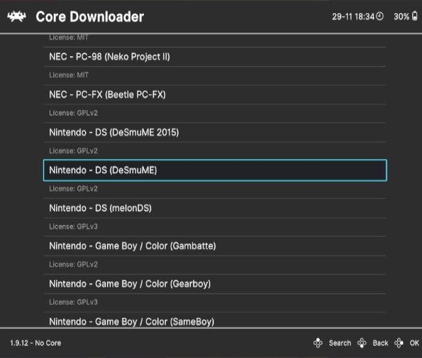 Schermata Core di RetroArch su macOS