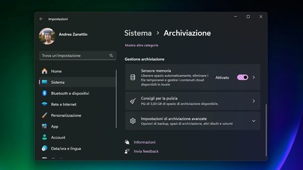Sensore memoria Windows 11