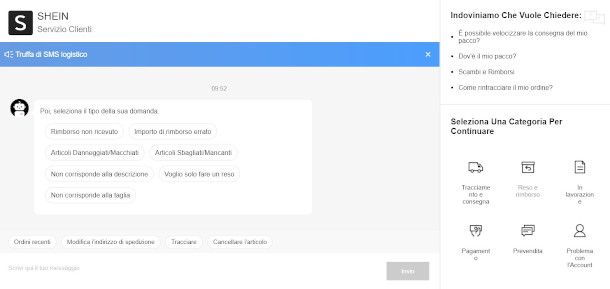 pagina servizio clienti Shein