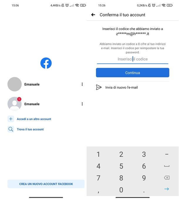 Recuperare account Facebook vecchio app Android