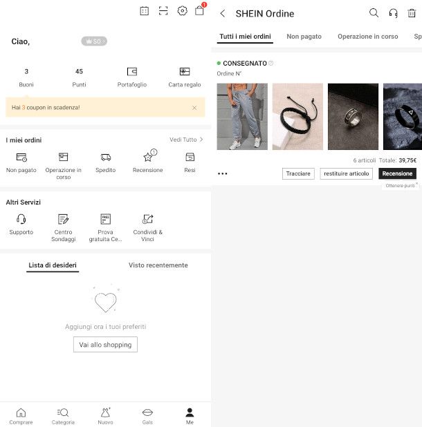 visualizzazione ordine app SHEIN