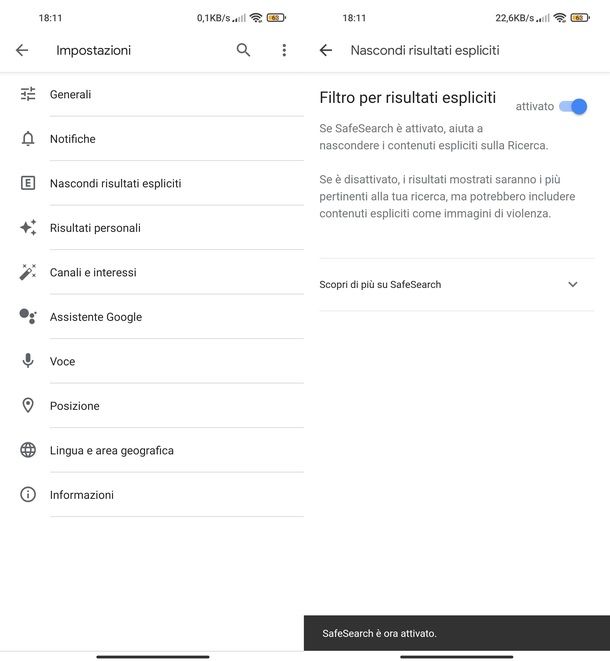 Attivare SafeSearch app Google Android