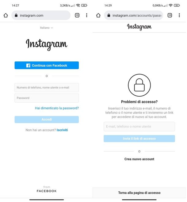 Recupero password account Instagram