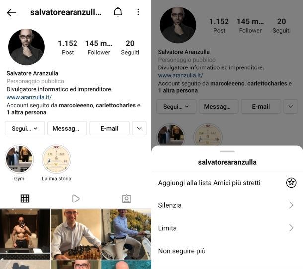 Smettere di seguire profilo Instagram da app