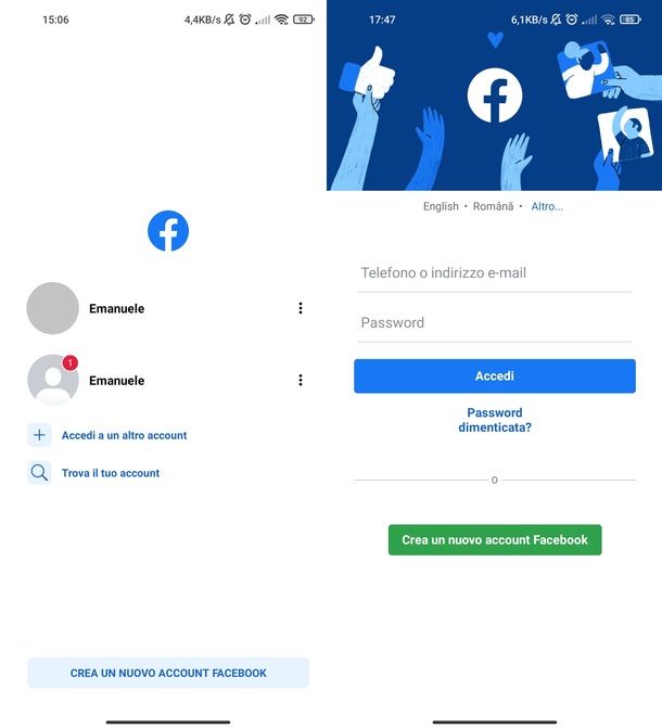 Accedere a account Facebook app Android