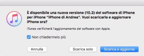 avvisi aggiornamento disponibile itunes