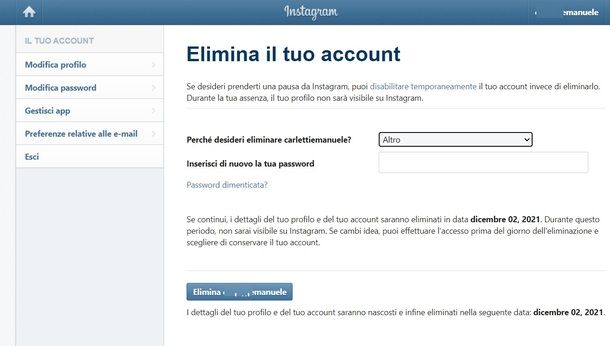 Eliminare account Instagram PC