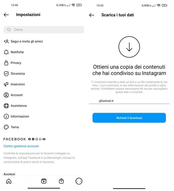 Scaricare dati account Instagram