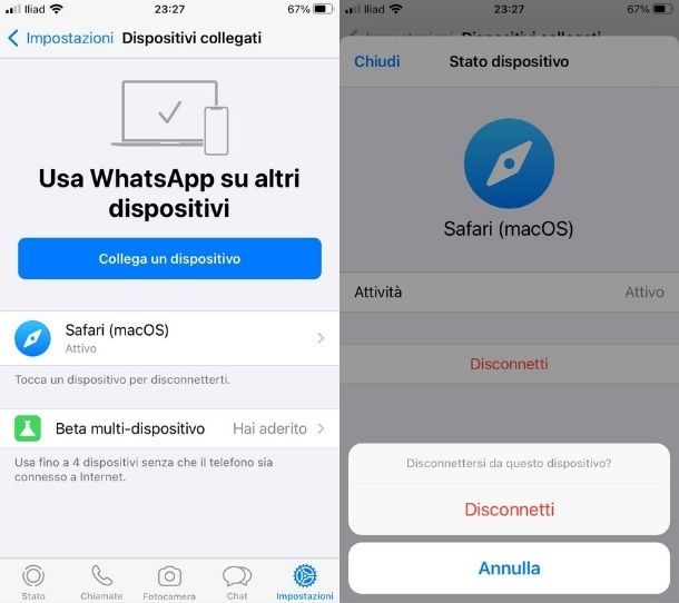 Disconnessione dispositivi account WhatsApp rubato