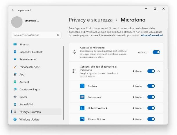 Attivare microfono per applicazioni Windows 11