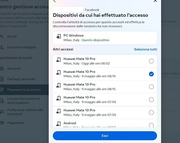 Verificare i dispositivi connessi su Facebook