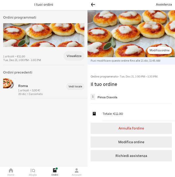 funzionalità annullamento ordine app Uber Eats