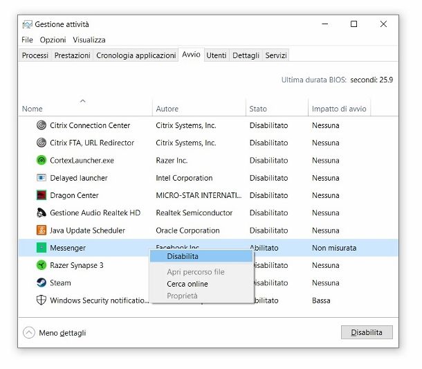 Gestione attività Windows 10 