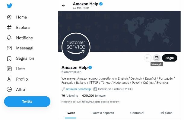 Contattare Amazon via Twitter sito
