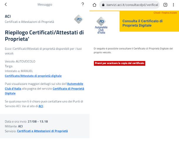 Certificato di proprietà digitale da app IO