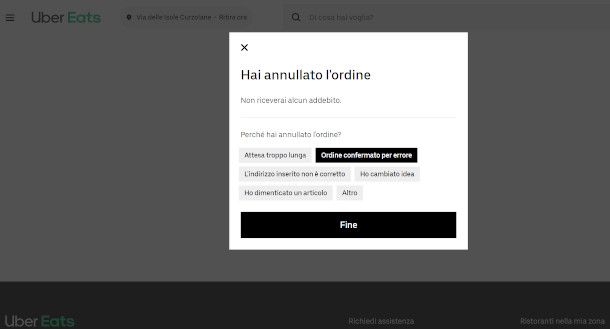 motivazione annullamento ordine sito Uber Eats