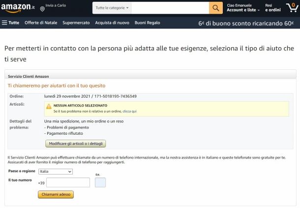 Contattare Amazon via telefono sito
