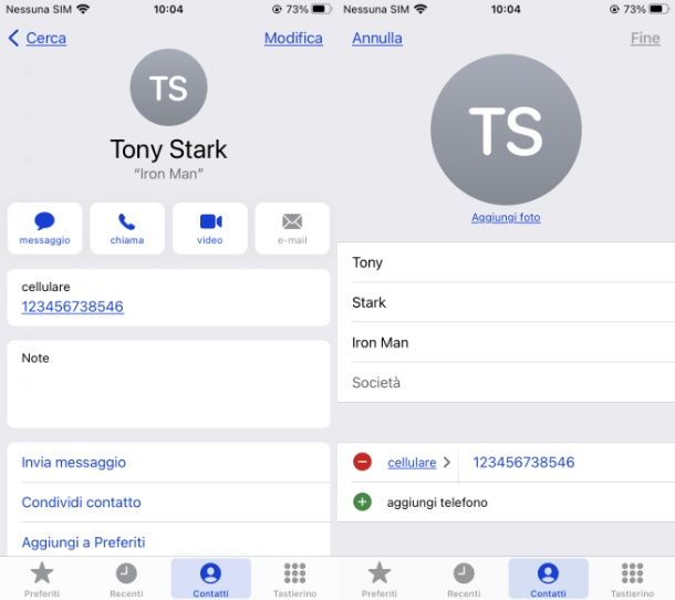 Modificare contatto rubrica iPhone