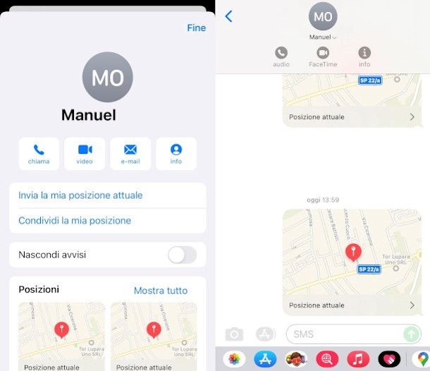 schermata condivisione posizione app messaggi