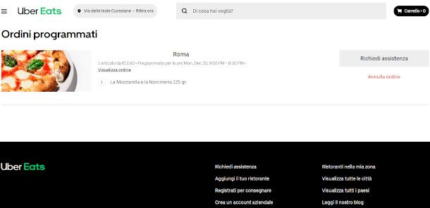 funzionalità annullamento ordine sito Uber Eats