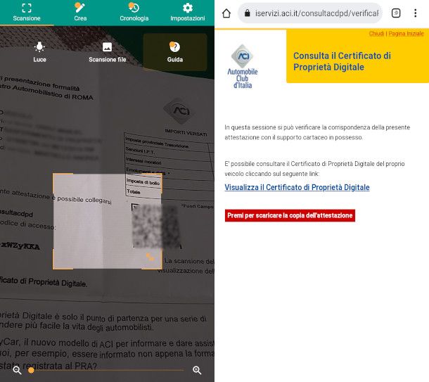 certificato di proprietà digitale da QR code