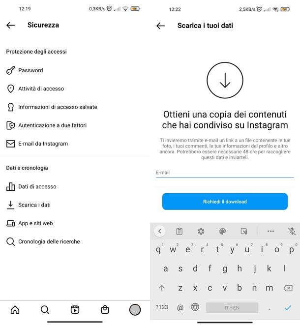 Scaricare dati Instagram app Android