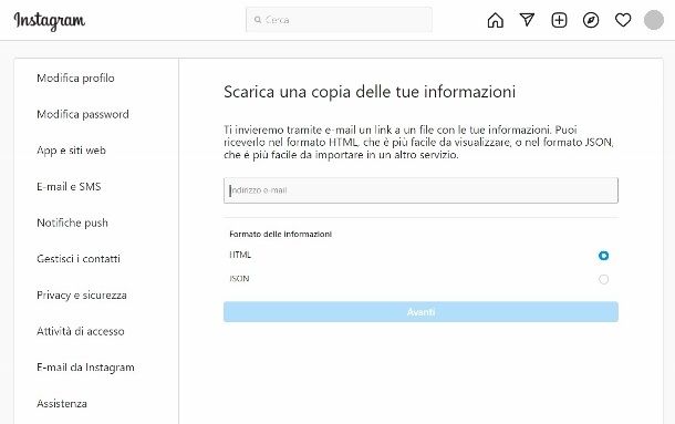 Scaricare dati Instagram sito