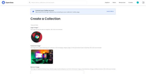 Pagina creazione di una collezione su OpenSea