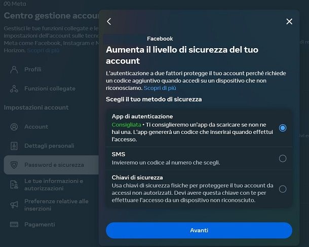 Attivare l'autenticazione a due fattori Facebook