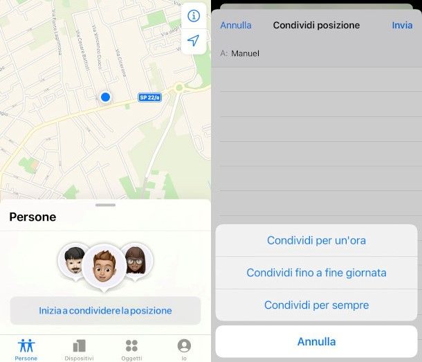 schermata condivisione posizione app dov'è